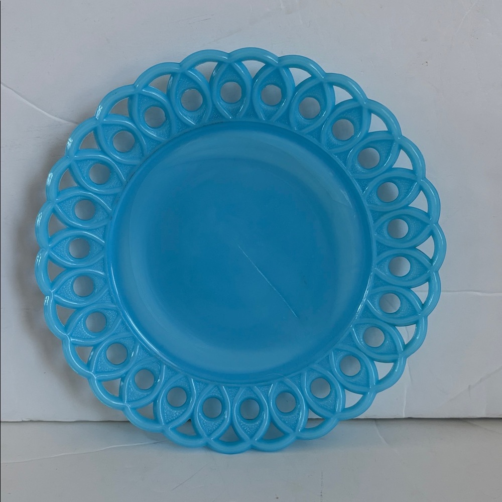 Challinor & Taylor blue glass milk glass scroll and eye pattern plate
